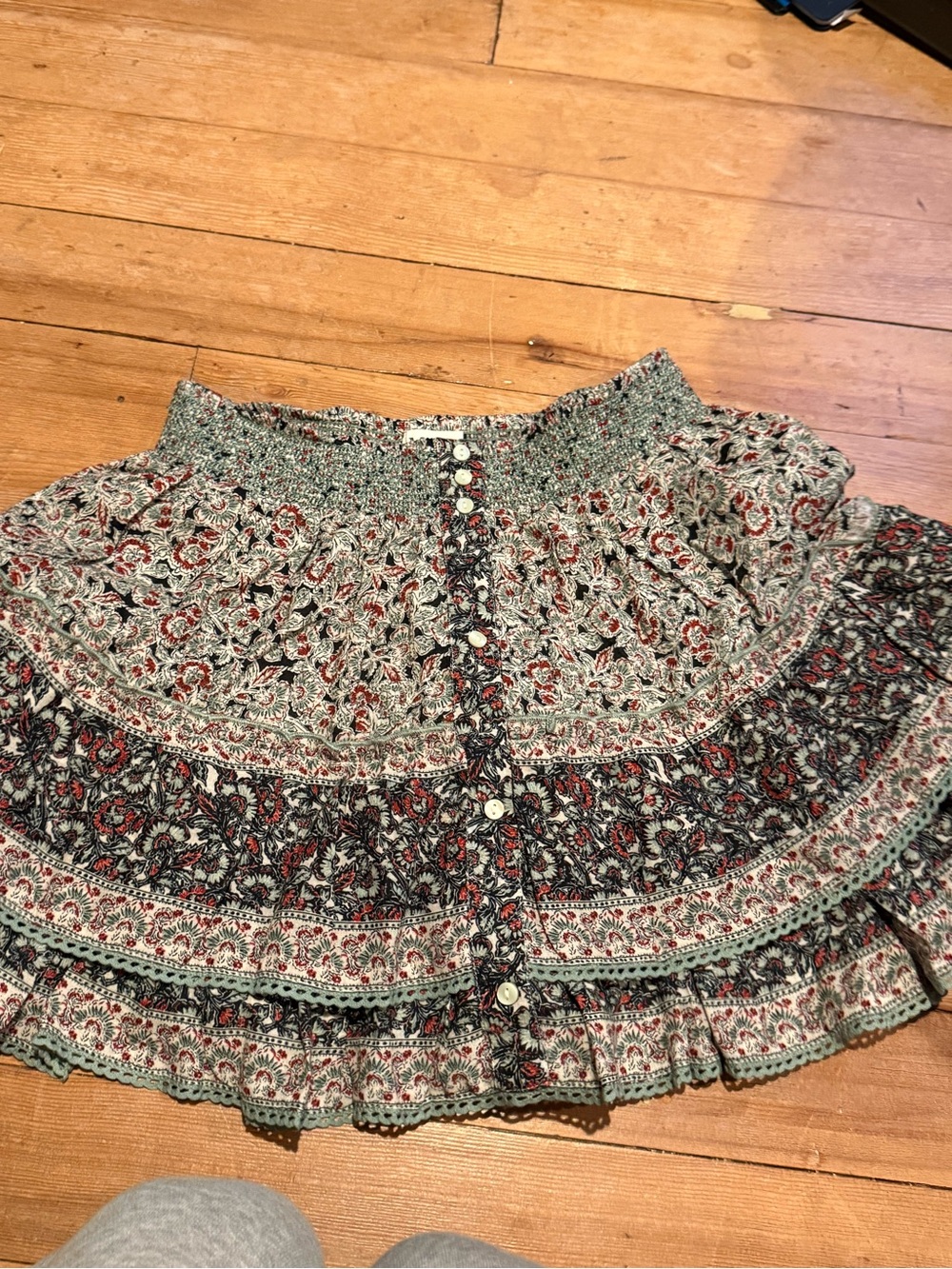 Smocked Floral Tiered Skater Skirt in Sage Green and Red